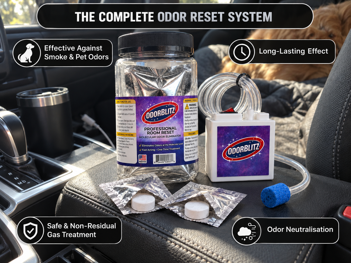 Vehicle Odor Elimination Kit – 2 Treatments – Professional Molecular Odor Eliminator for Vehicles, Smoke, Pet & Musty Odors