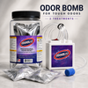 OdorBlitz professional room reset molecular odor eliminator kit with a clear plastic jar, white treatment pump, silver packets, and a blue plug, shown with text reading 'ODOR BOMB FOR TOUGH ODORS — 2 TREATMENTS —' on a light gray background.