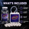 OdorBlitz product set with treatment, bubble machine, tablets, and instruction guide on a dark background.