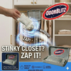 Advertisement for OdorBlitz closet odor eliminator with product packaging and usage instructions.
