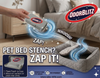 Advertisement for OdorBlitz pet bed stench eliminator with a hand holding the product and text on a living room background.