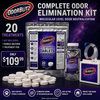 Odorblitz Complete Odor Elimination Kit with packaging, tablets, and bubble machine on a dark background.