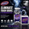 OdorBlitz product with packaging and smoke effect on a dark background