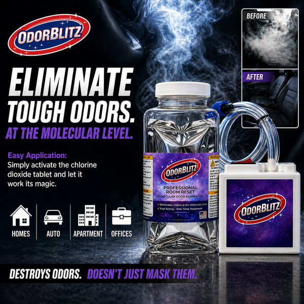 OdorBlitz product with packaging and smoke effect on a dark background