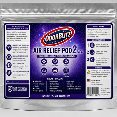 OdorBlitz air relief pod packaging on a white background