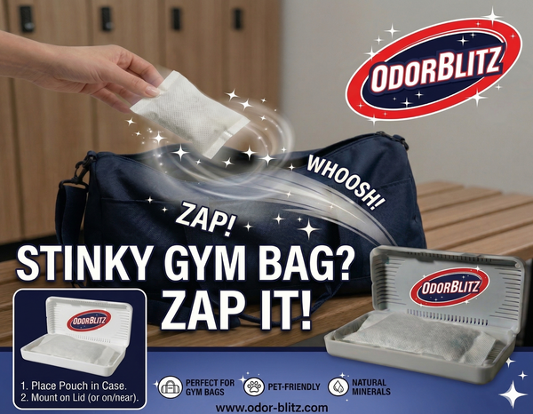 Advertisement for OdorBlitz, showing a stinky gym bag being treated with the product.