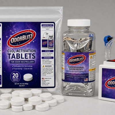 OdorBlitz product set including tablets, bottles, and a device on a gray background