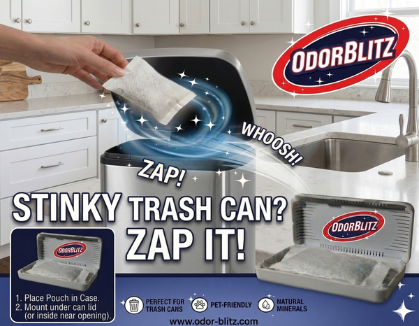 Advertisement for OdorBlitz product showing a trash can with a hand using a pouch, set against a kitchen background.