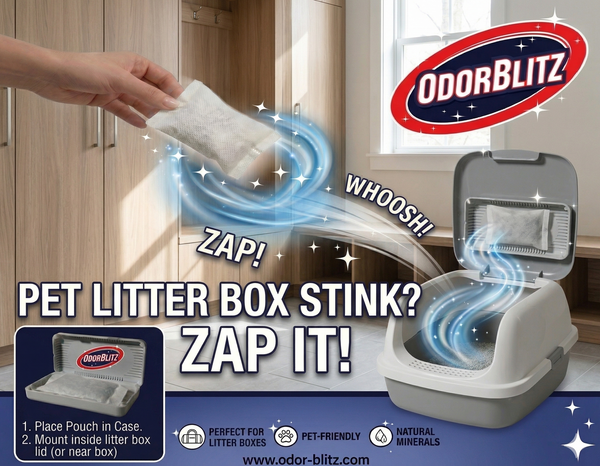 Advertisement for OdorBlitz pet litter box stink solution with a person holding a pouch over a litter box.