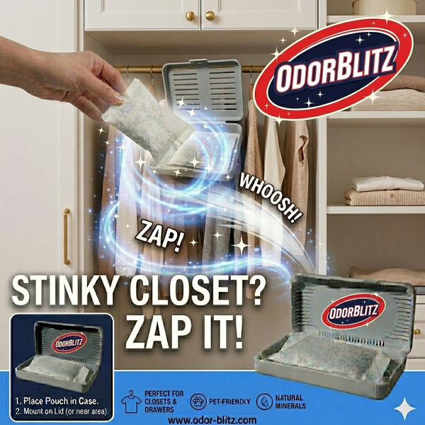 Advertisement for OdorBlitz closet odor eliminator with product packaging and usage instructions.