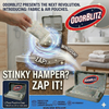 Advertisement for OdorBlitz fabric and air pouches with a hand placing a pouch into a hamper.