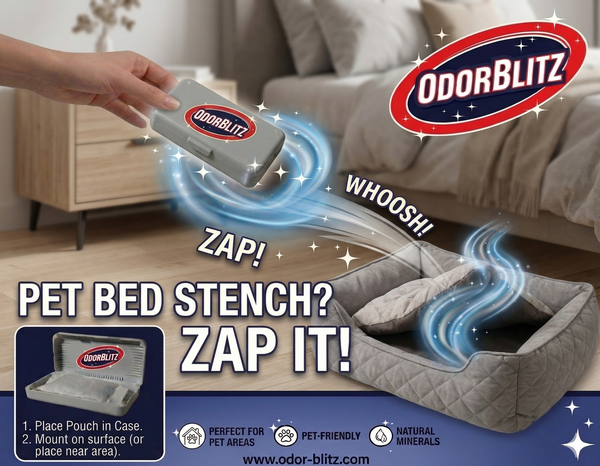 Advertisement for OdorBlitz pet bed stench eliminator with a hand holding the product and text on a living room background.