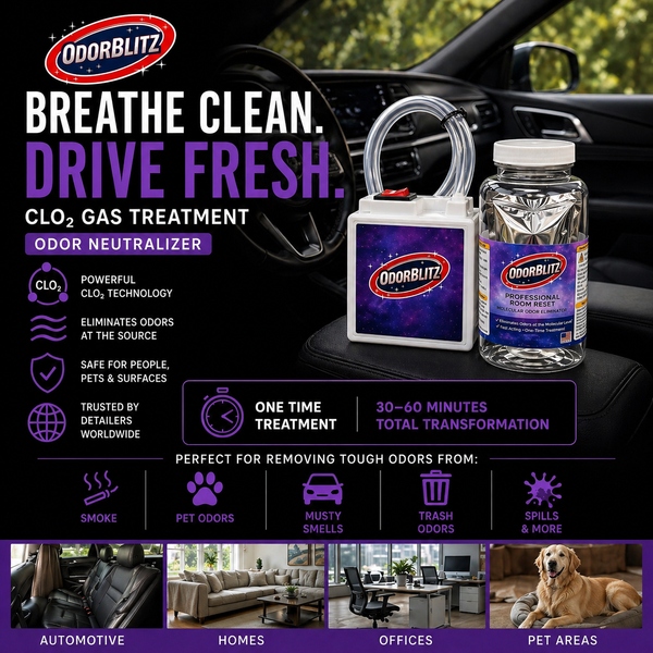 Odorblitz product advertisement with bottles and packaging in a car interior.