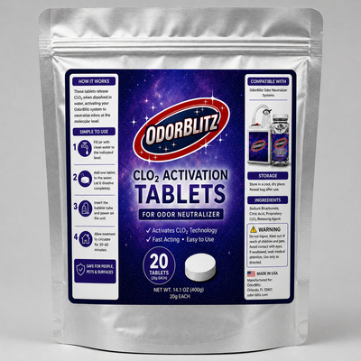 Odorblitz Clo2 Activation Tablets packaging on a white background