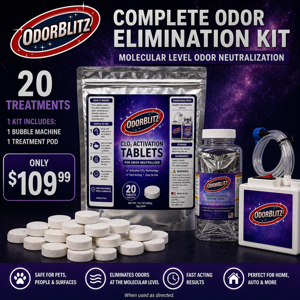 Odorblitz Complete Odor Elimination Kit with packaging, tablets, and bubble machine on a dark background.