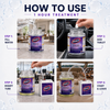 Step-by-step guide on how to use a product with images of containers and hands performing actions.