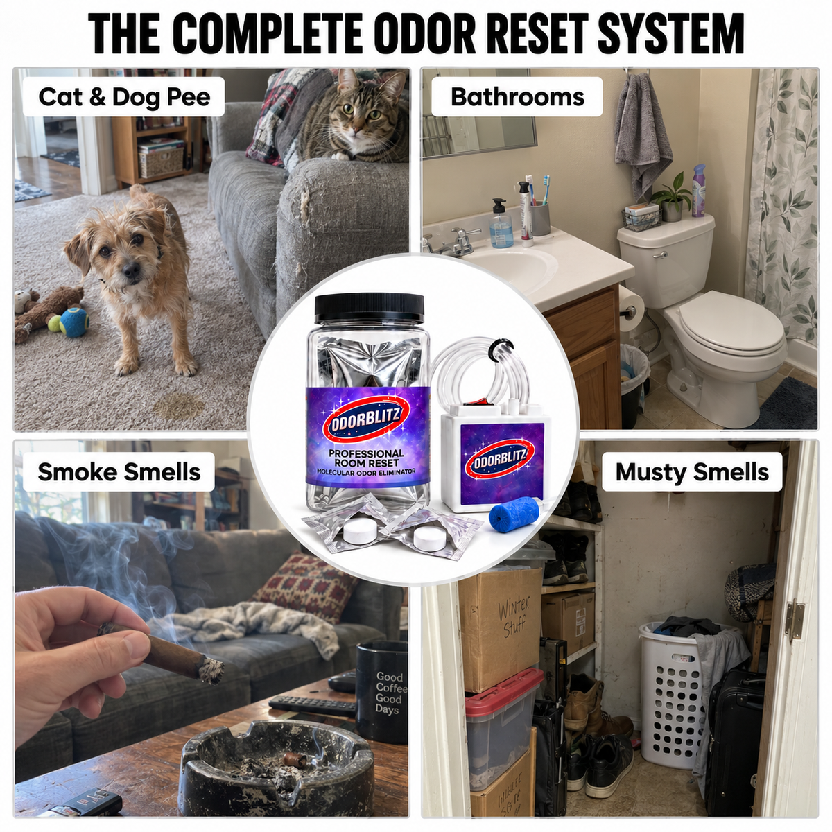 Odor Bomb Room Reset Kit – 2 Treatments – Professional Molecular Odor Eliminator for Cars, Rooms, Smoke, Pet & Musty Odors