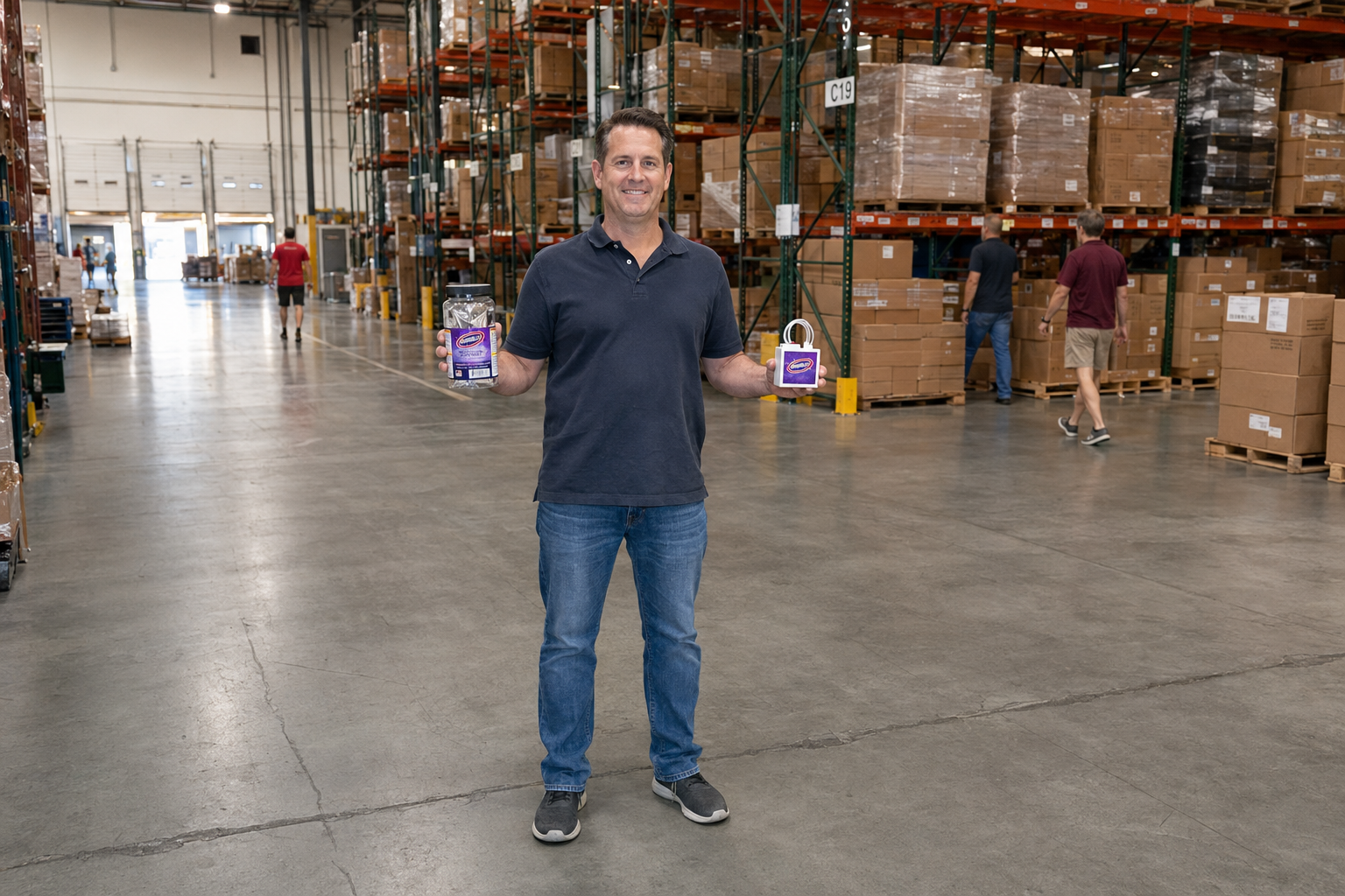 OdorBlitz team member holding OdorBlitz products in the warehouse